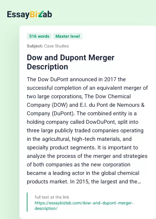 Dow and Dupont Merger Description - Essay Preview