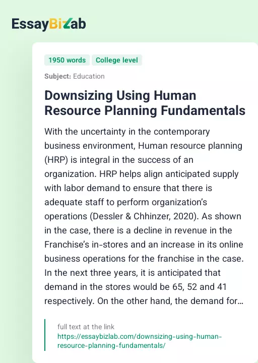 Downsizing Using Human Resource Planning Fundamentals - Essay Preview
