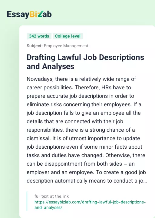 Drafting Lawful Job Descriptions and Analyses - Essay Preview