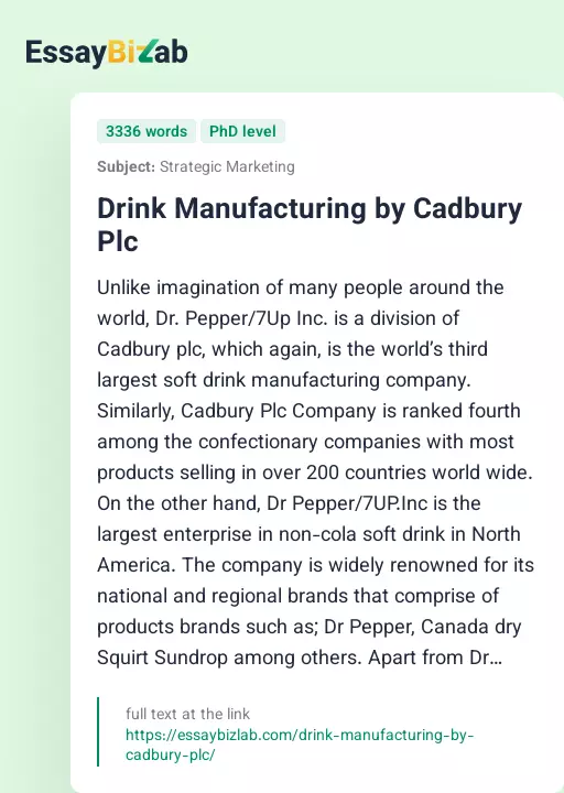 Drink Manufacturing by Cadbury Plc - Essay Preview