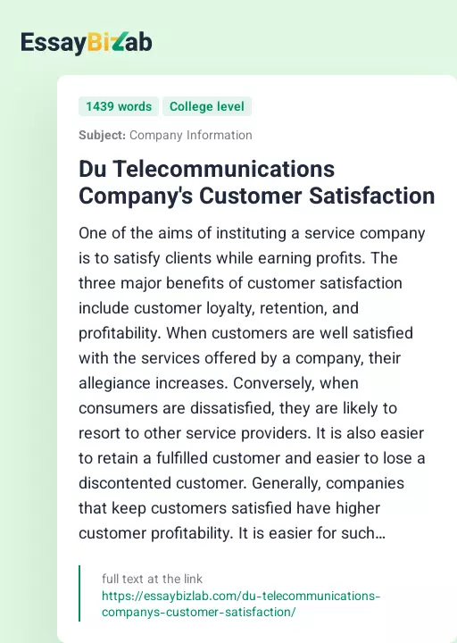 Du Telecommunications Company's Customer Satisfaction - Essay Preview