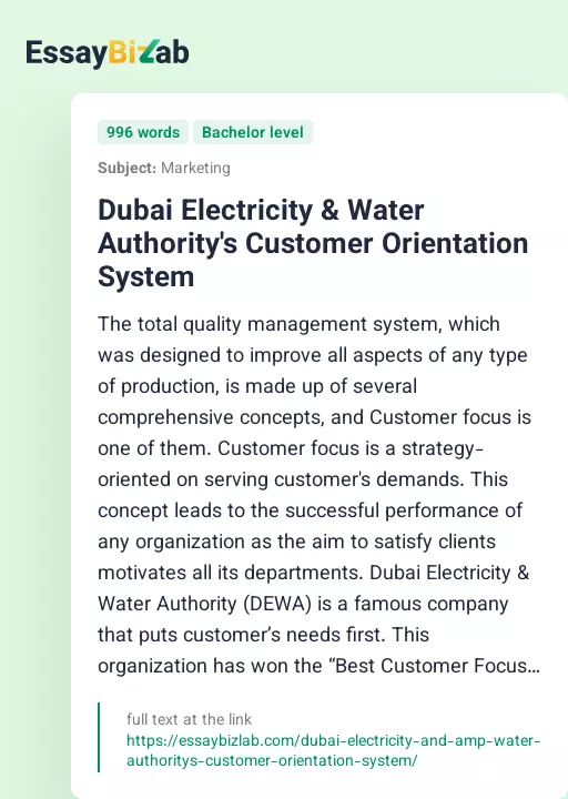 Dubai Electricity & Water Authority's Customer Orientation System - Essay Preview