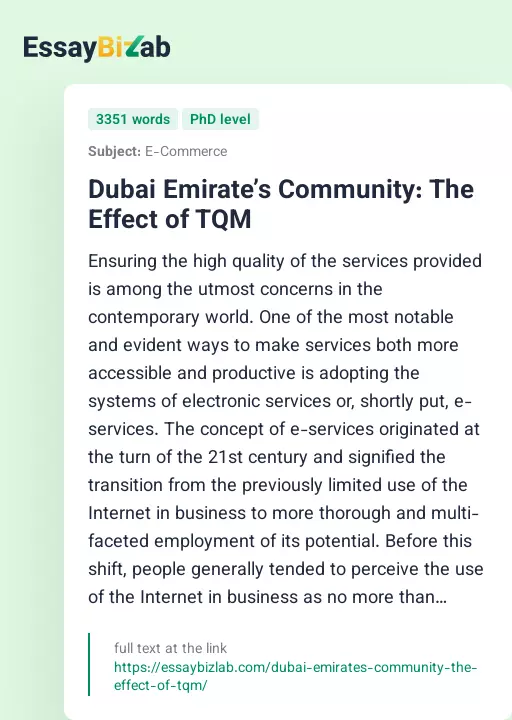 Dubai Emirate’s Community: The Effect of TQM - Essay Preview