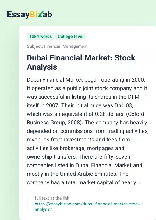 Dubai Financial Market: Stock Analysis - Essay Preview