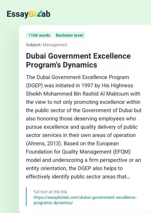 Dubai Government Excellence Program's Dynamics - Essay Preview