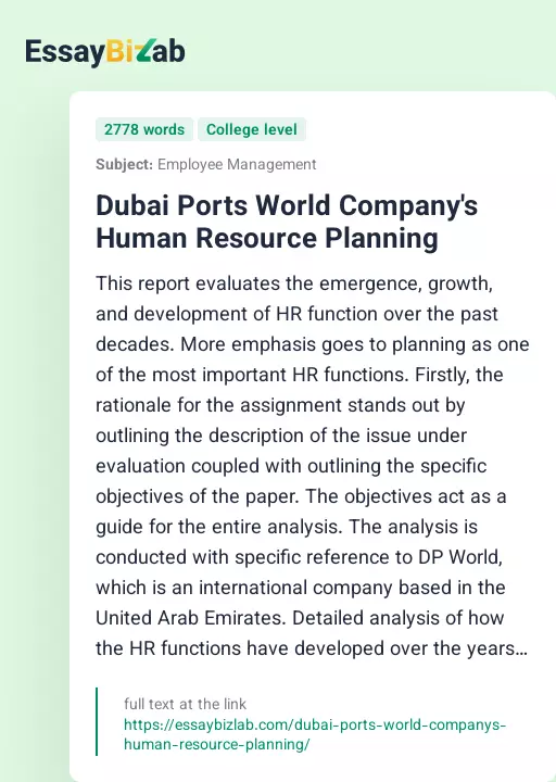 Dubai Ports World Company's Human Resource Planning - Essay Preview