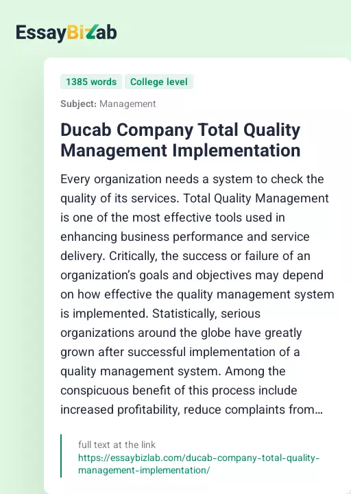 Ducab Company Total Quality Management Implementation - Essay Preview