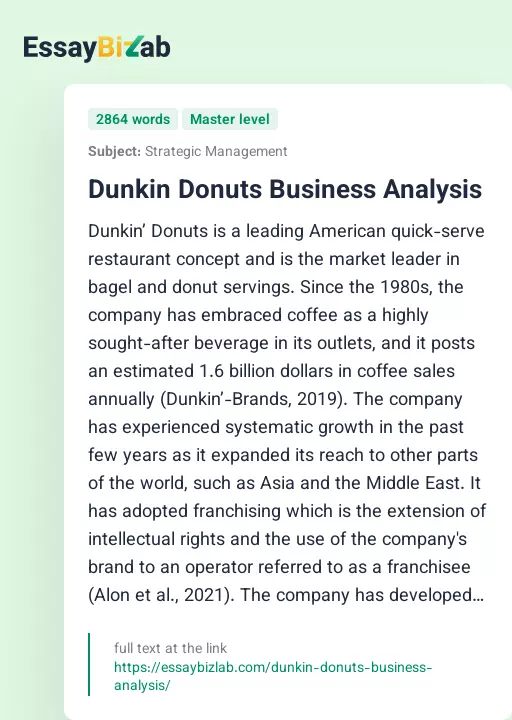 Dunkin Donuts Business Analysis - Essay Preview