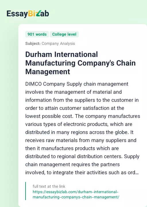 Durham International Manufacturing Company's Chain Management - Essay Preview