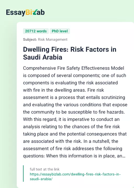 Dwelling Fires: Risk Factors in Saudi Arabia - Essay Preview
