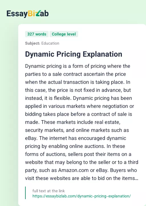 Dynamic Pricing Explanation - Essay Preview