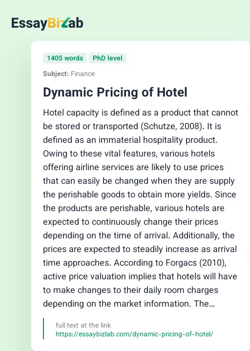 Dynamic Pricing of Hotel - Essay Preview