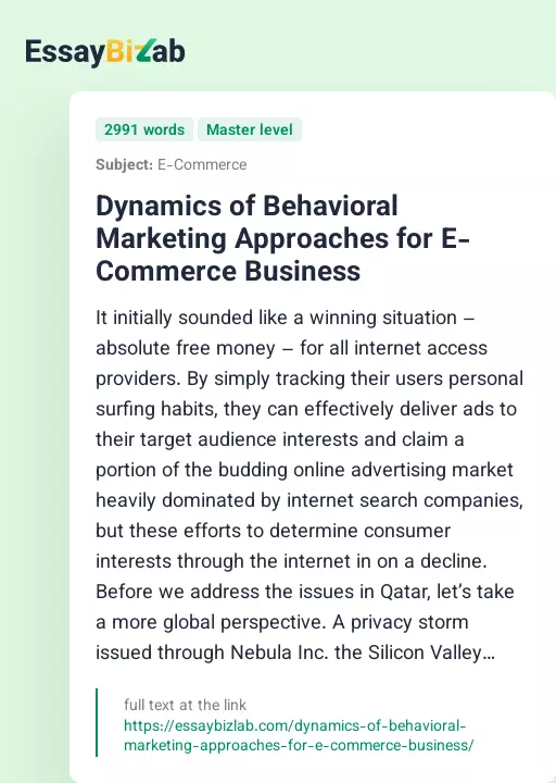 Dynamics of Behavioral Marketing Approaches for E-Commerce Business - Essay Preview