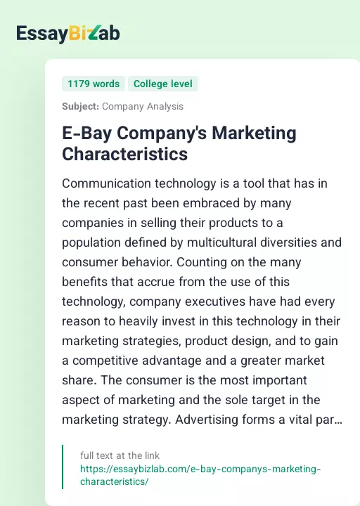 E-Bay Company's Marketing Characteristics - Essay Preview