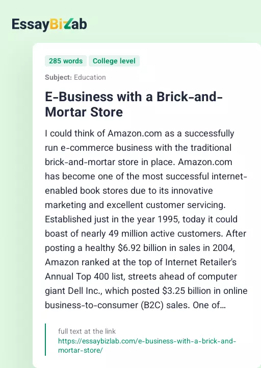 E-Business with a Brick-and-Mortar Store - Essay Preview