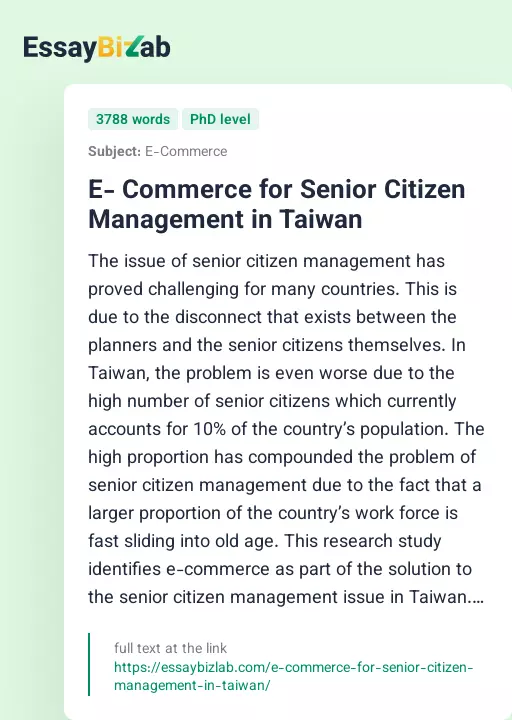 E- Commerce for Senior Citizen Management in Taiwan - Essay Preview