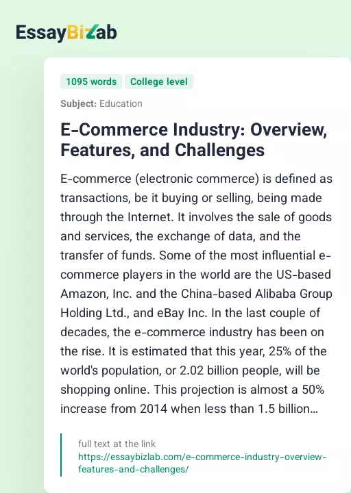 E-Commerce Industry: Overview, Features, and Challenges - Essay Preview