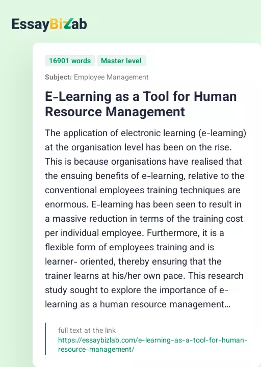E-Learning as a Tool for Human Resource Management - Essay Preview