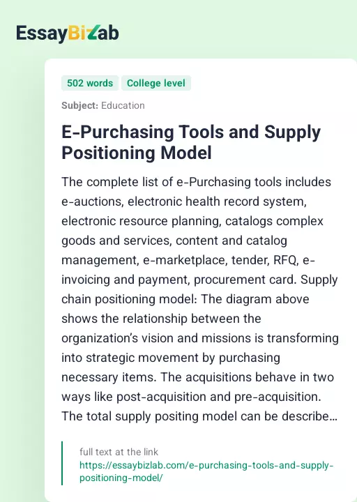 E-Purchasing Tools and Supply Positioning Model - Essay Preview