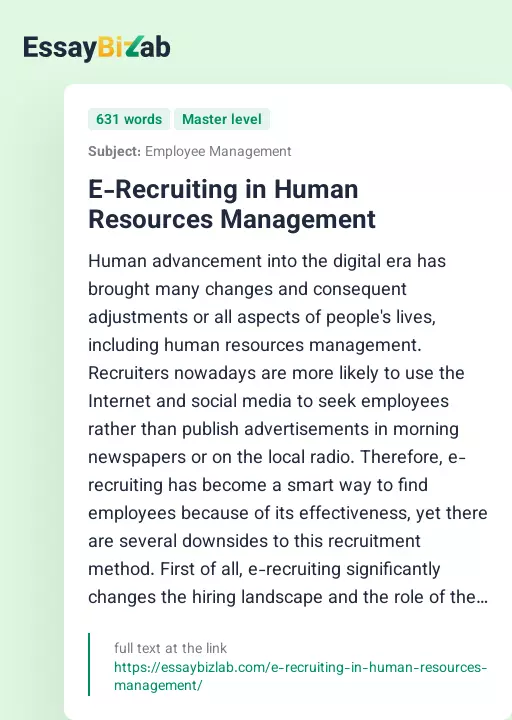 E-Recruiting in Human Resources Management - Essay Preview