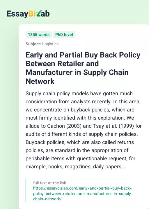 Early and Partial Buy Back Policy Between Retailer and Manufacturer in Supply Chain Network - Essay Preview