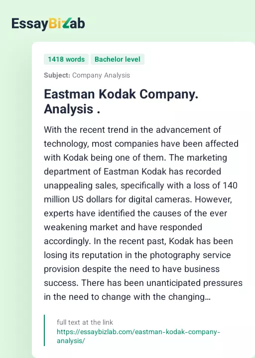 Eastman Kodak Company. Analysis . - Essay Preview