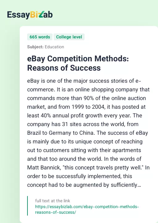 eBay Competition Methods: Reasons of Success - Essay Preview