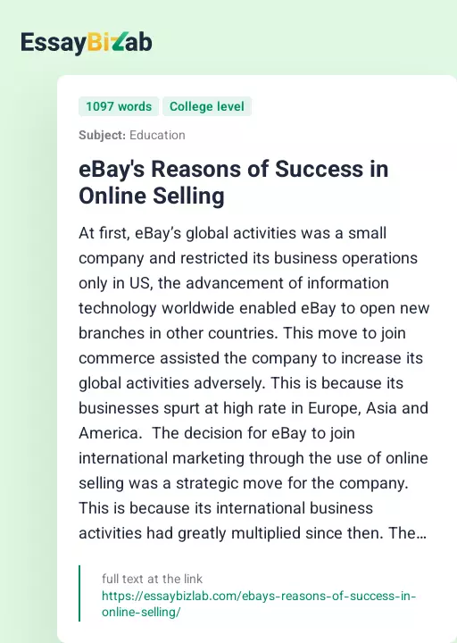 eBay's Reasons of Success in Online Selling - Essay Preview