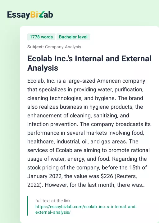 Ecolab Inc.'s Internal and External Analysis - Essay Preview