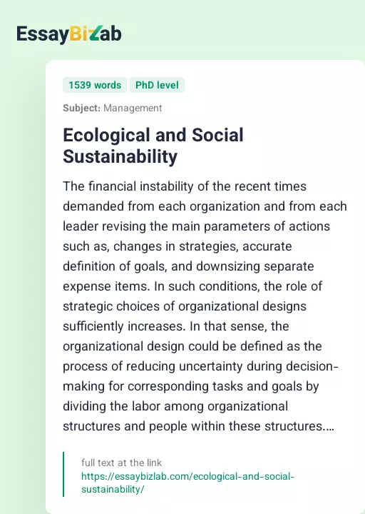 Ecological and Social Sustainability - Essay Preview