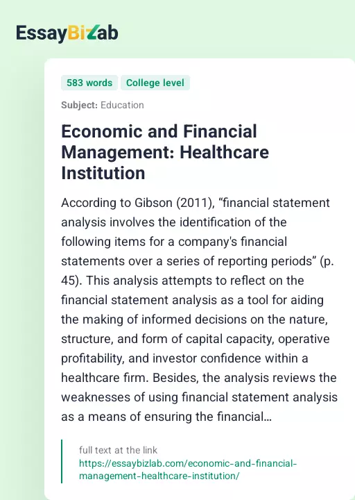 Economic and Financial Management: Healthcare Institution - Essay Preview