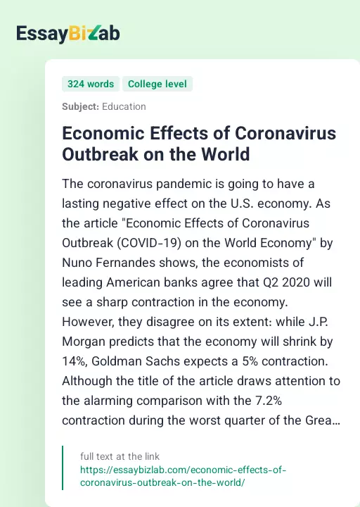 Economic Effects of Coronavirus Outbreak on the World - Essay Preview