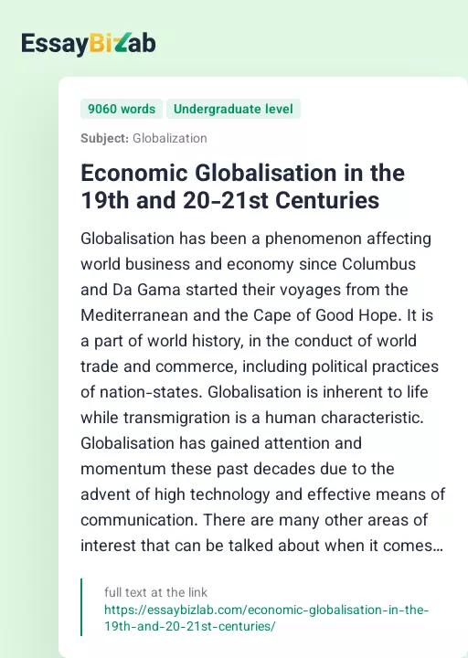 Economic Globalisation in the 19th and 20-21st Centuries - Essay Preview
