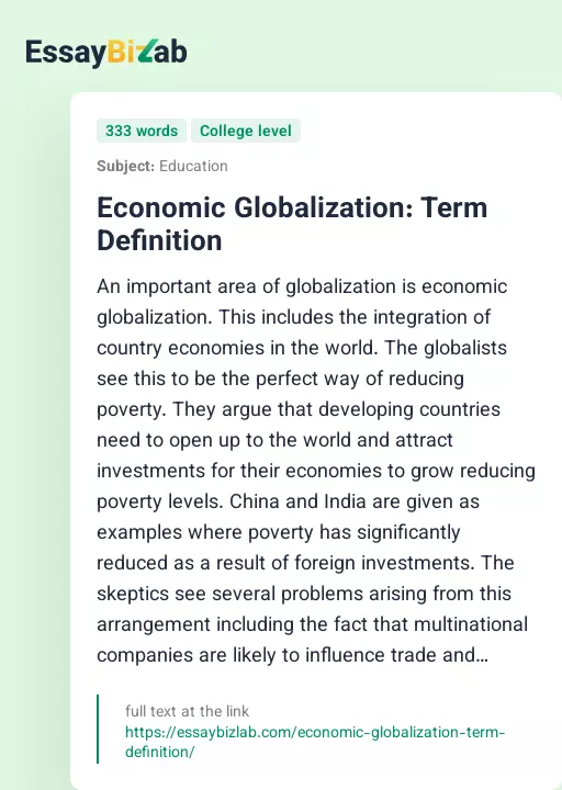 Economic Globalization: Term Definition - Essay Preview