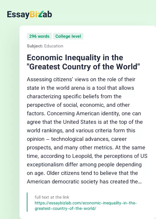 Economic Inequality in the "Greatest Country of the World" - Essay Preview