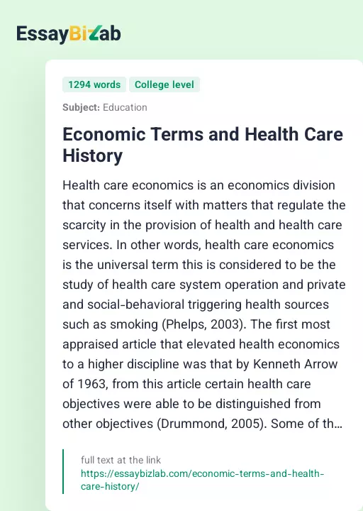 Economic Terms and Health Care History - Essay Preview