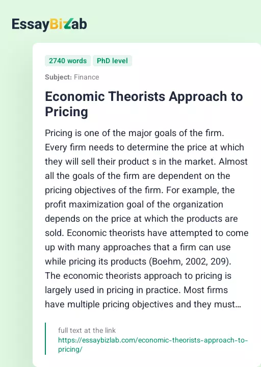 Economic Theorists Approach to Pricing - Essay Preview