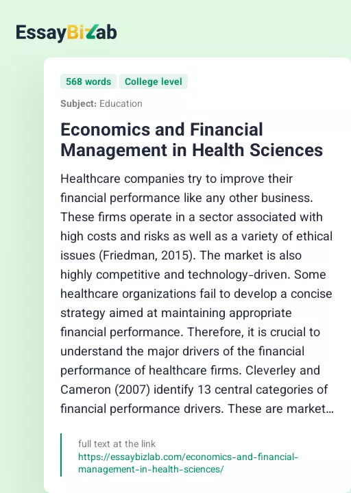 Economics and Financial Management in Health Sciences - Essay Preview