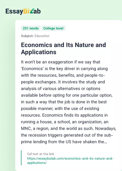 Economics and Its Nature and Applications - Essay Preview