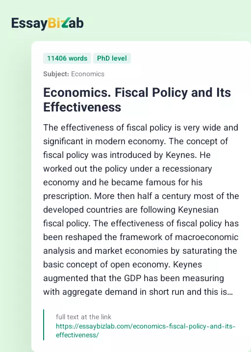 Economics. Fiscal Policy and Its Effectiveness - Essay Preview