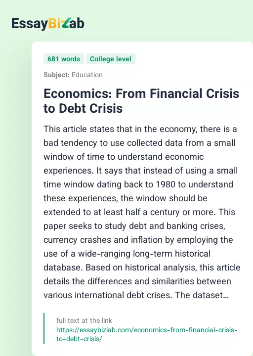 Economics: From Financial Crisis to Debt Crisis - Essay Preview