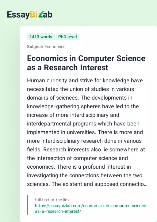 Economics in Computer Science as a Research Interest - Essay Preview