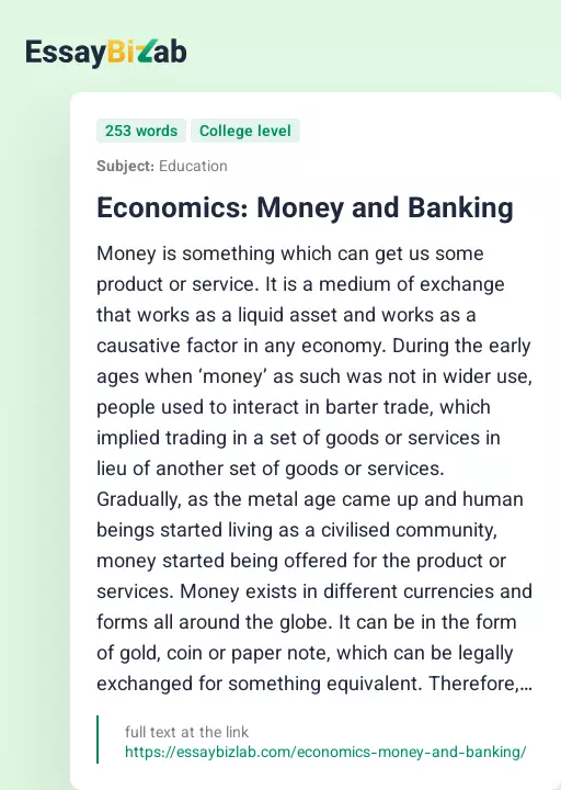 Economics: Money and Banking - Essay Preview