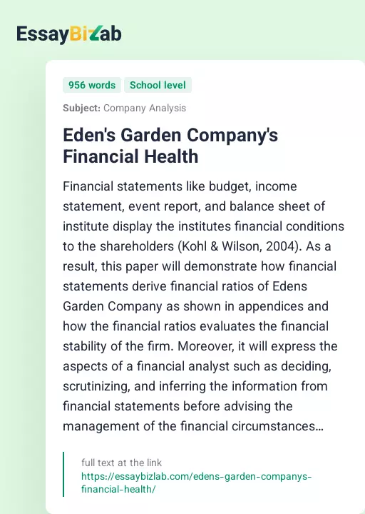 Eden's Garden Company's Financial Health - Essay Preview