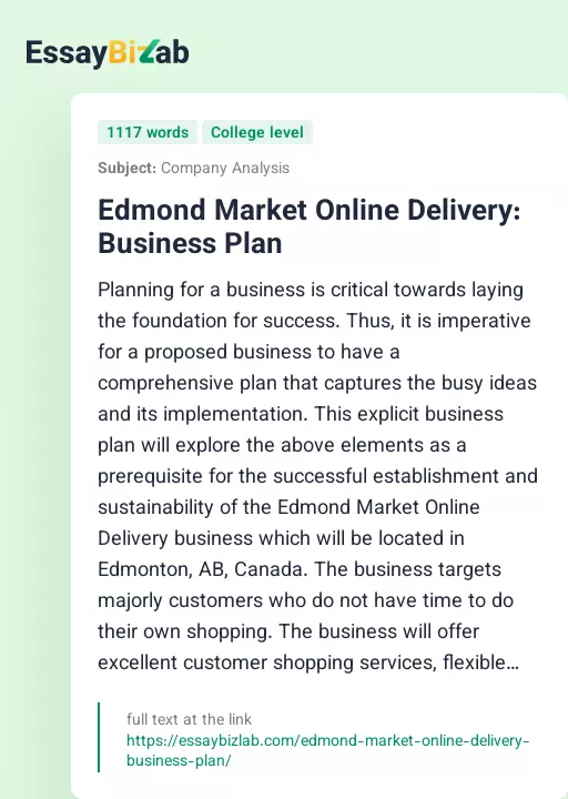 Edmond Market Online Delivery: Business Plan - Essay Preview