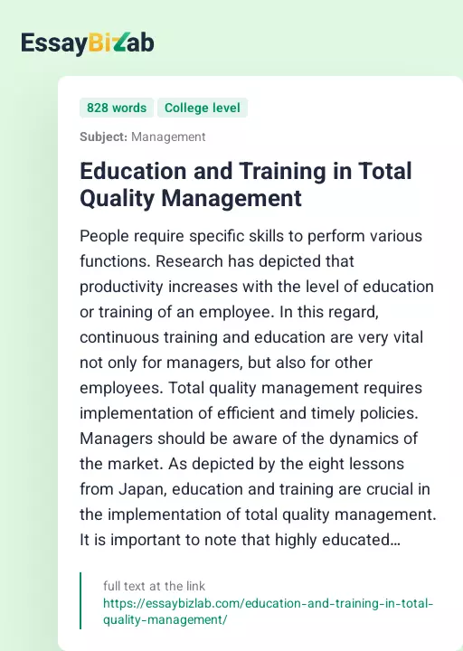 Education and Training in Total Quality Management - Essay Preview