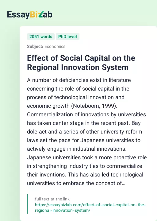 Effect of Social Capital on the Regional Innovation System - Essay Preview