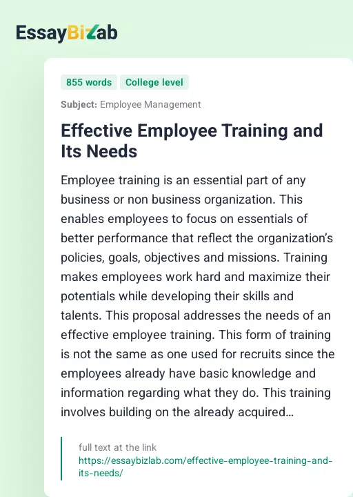 Effective Employee Training and Its Needs - Essay Preview