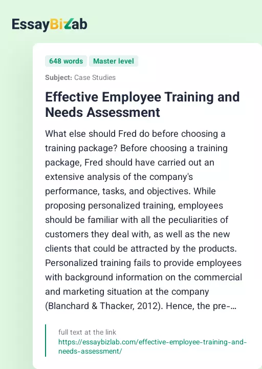Effective Employee Training and Needs Assessment - Essay Preview