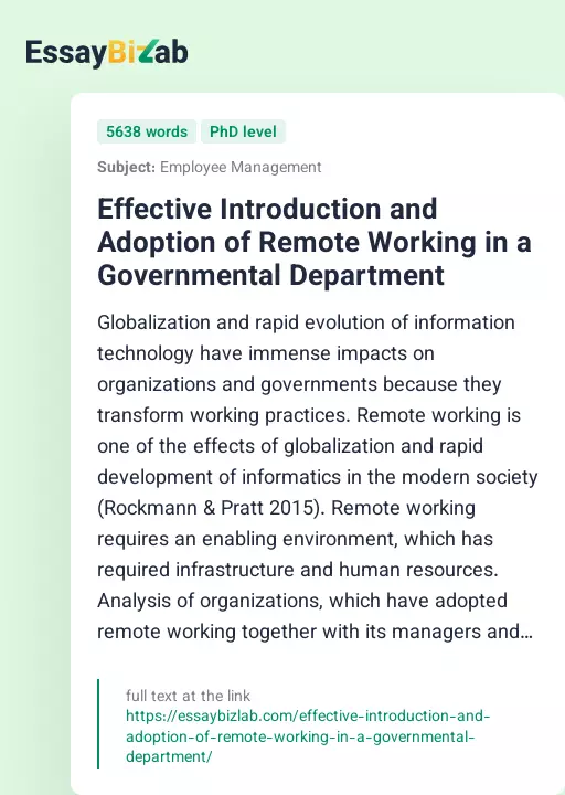 Effective Introduction and Adoption of Remote Working in a Governmental Department - Essay Preview